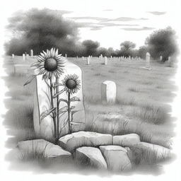 A black and white sketch of sunflowers growing in an old cemetery