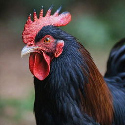 A formidable rooster showing power and intensity, its red eyes glowing in stark contrast to its dark feathers