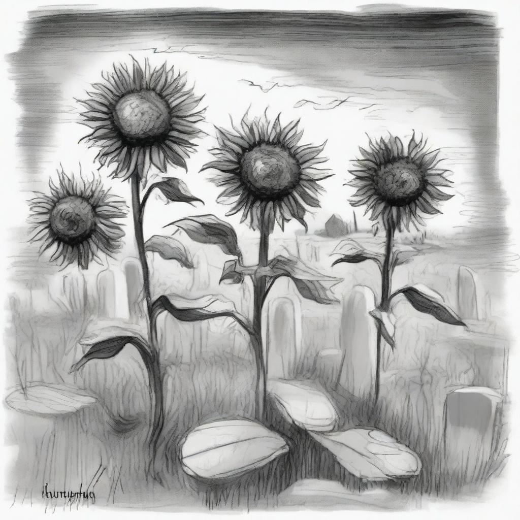 A Van Gogh-like black and white sketch of sunflowers growing in an old cemetery