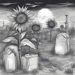 A Van Gogh-like black and white sketch of sunflowers growing in an old cemetery