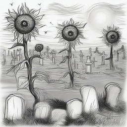 A Van Gogh-like black and white sketch of sunflowers growing in an old cemetery