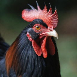 A formidable rooster showing power and intensity, its red eyes glowing in stark contrast to its dark feathers