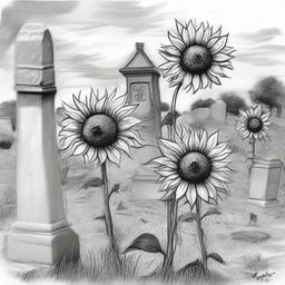 A Van Gogh-like black and white sketch of sunflowers growing in an old cemetery