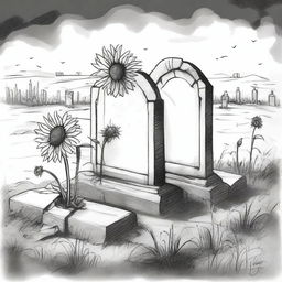 A black and white sketch of sunflowers growing in an old cemetery