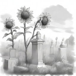 A black and white sketch of sunflowers growing in an old cemetery