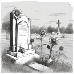 A black and white sketch of sunflowers growing in an old cemetery