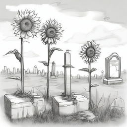 A black and white sketch of sunflowers growing in an old cemetery