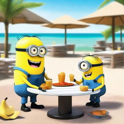 Minions disgustados por la comida en un restaurante en la playa