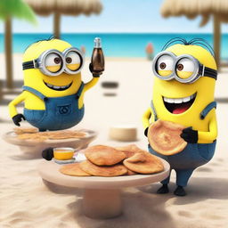 Minions disgustados por la comida en un restaurante en la playa