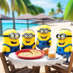 Minions disgustados por la comida en un restaurante en la playa