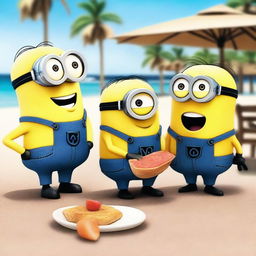 Minions disgustados por la comida en un restaurante en la playa