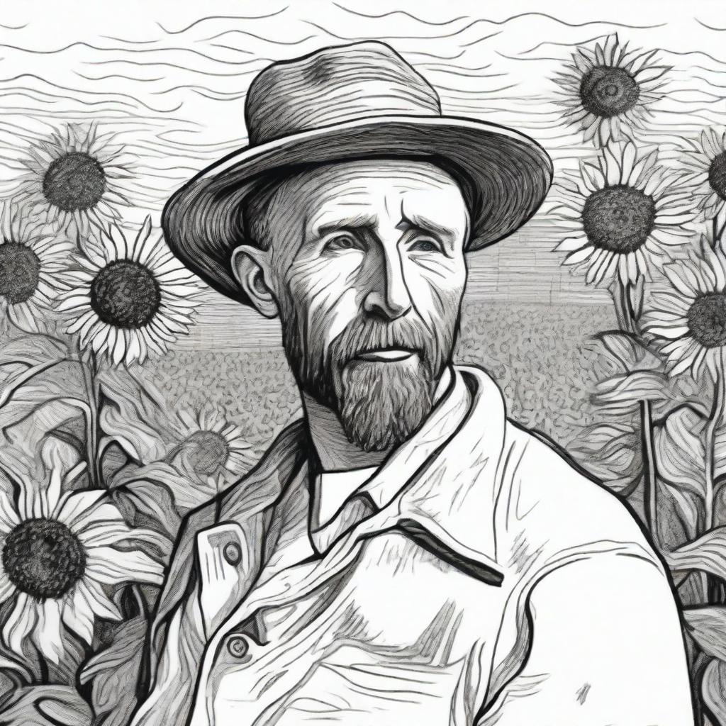 A black and white sketch of Van Gogh standing in a sea of sunflowers