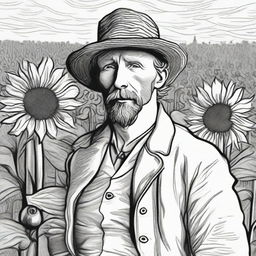 A black and white sketch of Van Gogh standing in a sea of sunflowers