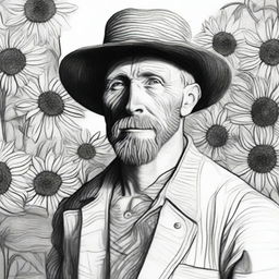 A black and white sketch of Van Gogh standing in a sea of sunflowers