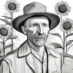 A black and white sketch of Van Gogh standing in a sea of sunflowers