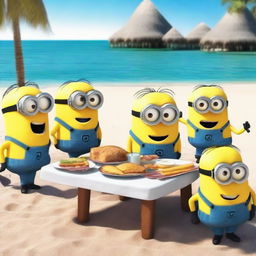 Minions enojados por la comida de un restaurante en la playa