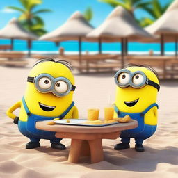 Minions enojados por la comida de un restaurante en la playa