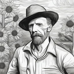 A black and white sketch of Van Gogh standing in a sea of sunflowers