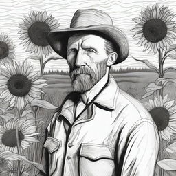 A black and white sketch of Van Gogh standing in a sea of sunflowers