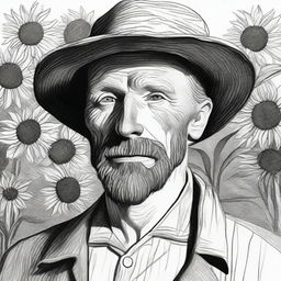 A black and white sketch of Van Gogh standing in a sea of sunflowers