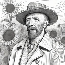 A black and white sketch of Van Gogh standing in a sea of sunflowers