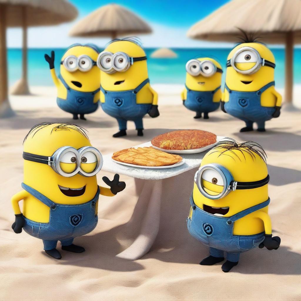 Minions enojados y con caras tristes por la comida de un restaurante en la playa