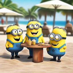 Minions enojados y con caras tristes por la comida de un restaurante en la playa