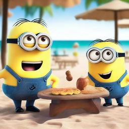 Minions enojados y con caras tristes por la comida de un restaurante en la playa