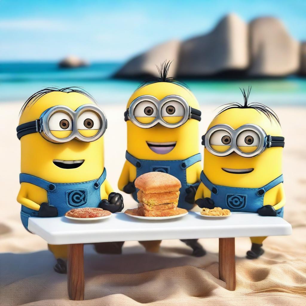 Minions con caras enojadas por la comida de un restaurante en la playa