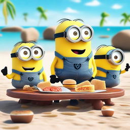 Minions con caras enojadas por la comida de un restaurante en la playa