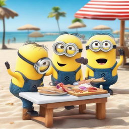 Minions con caras enojadas por la comida de un restaurante en la playa