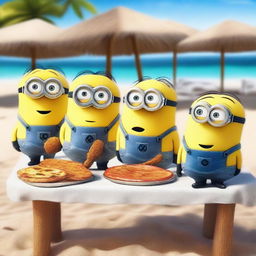 Minions con caras enojadas por la comida de un restaurante en la playa