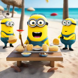 Minions enojados por la comida de un restaurante en la playa