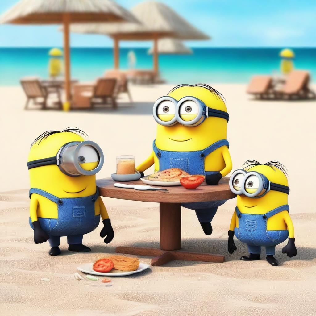 Minions enojados por la comida de un restaurante en la playa