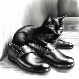 A black and white sketch of a black cat curled up next to an old pair of leather slippers