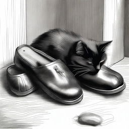 A black and white sketch of a black cat curled up next to an old pair of leather slippers