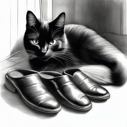 A black and white sketch of a black cat curled up next to an old pair of leather slippers