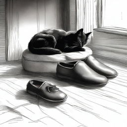 A black and white sketch of a black cat curled up next to an old pair of leather slippers