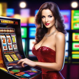 Create an image of a sexy woman playing a slot machine