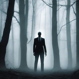 Slender Man standing ominously in a dense, dark forest