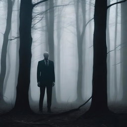 Slender Man standing ominously in a dense, dark forest