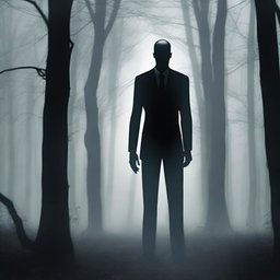 Slender Man standing ominously in a dense, dark forest