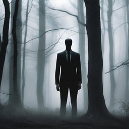 A photo-realistic image of Slender Man standing ominously in a dense, dark forest