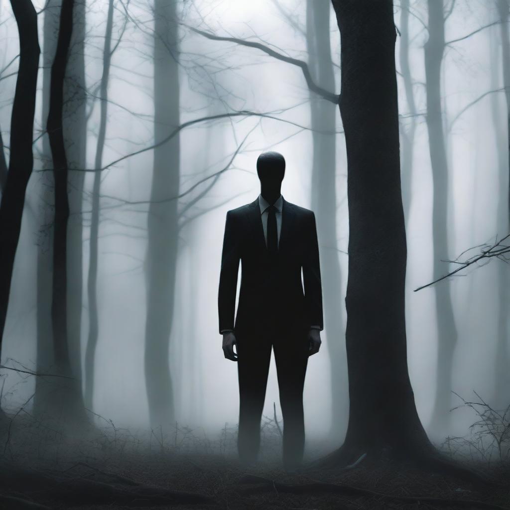 A photo-realistic image of Slender Man standing ominously in a dense, dark forest