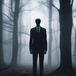 A photo-realistic image of Slender Man standing ominously in a dense, dark forest