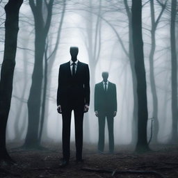 A photo-realistic image of Slender Man standing ominously in a dense, dark forest