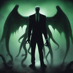 Slender Man hugging Cthulhu in a surreal and eerie setting