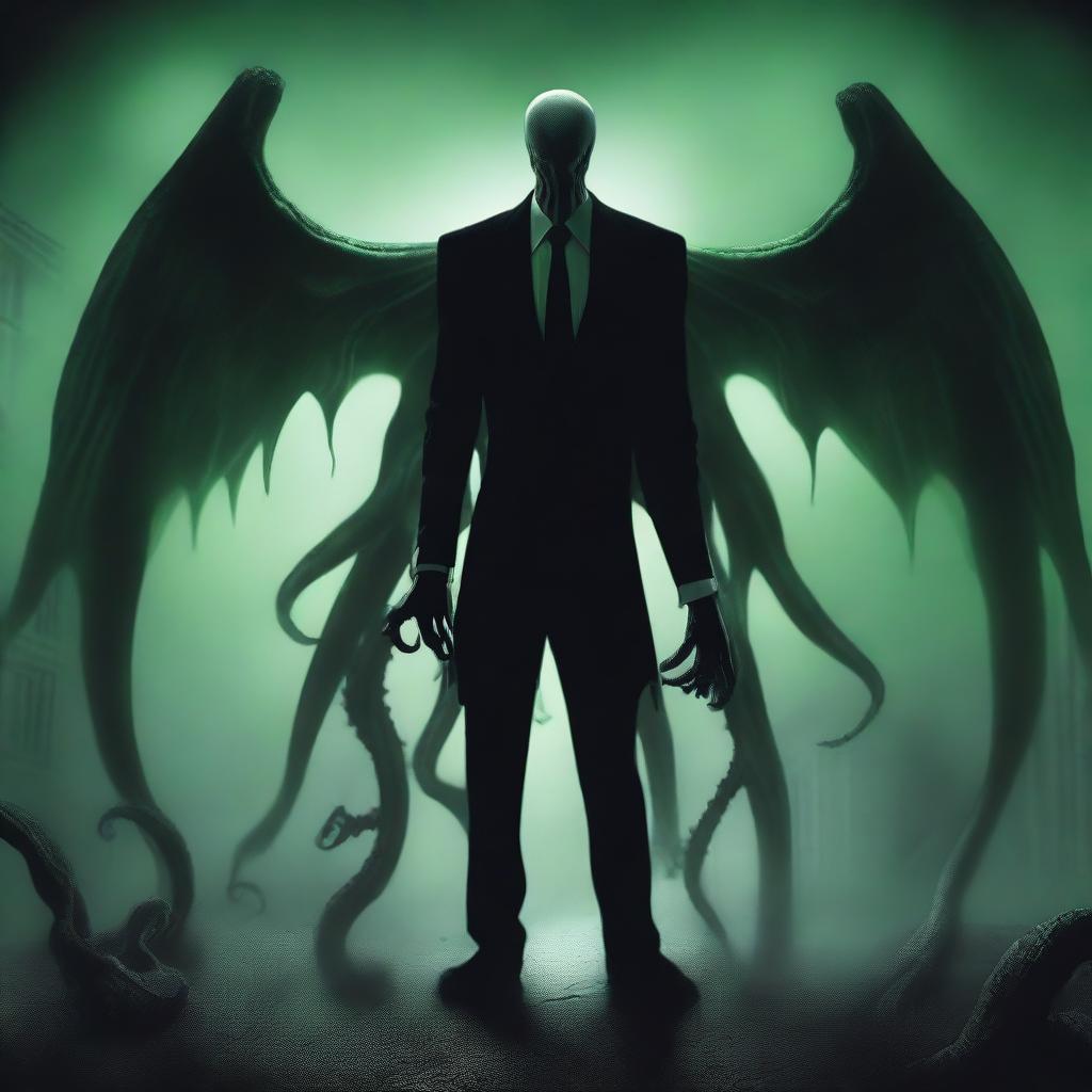 Slender Man hugging Cthulhu in a surreal and eerie setting