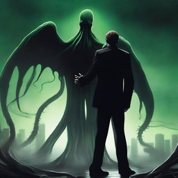 Slender Man hugging Cthulhu in a surreal and eerie setting