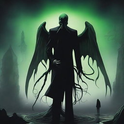 Slender Man hugging Cthulhu in a surreal and eerie setting